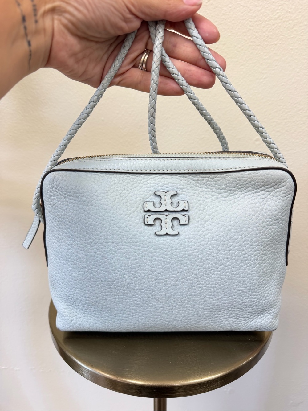 Tory Burch Light Blue Pebbled Leather Shoulder camera Bag with Braided Handles